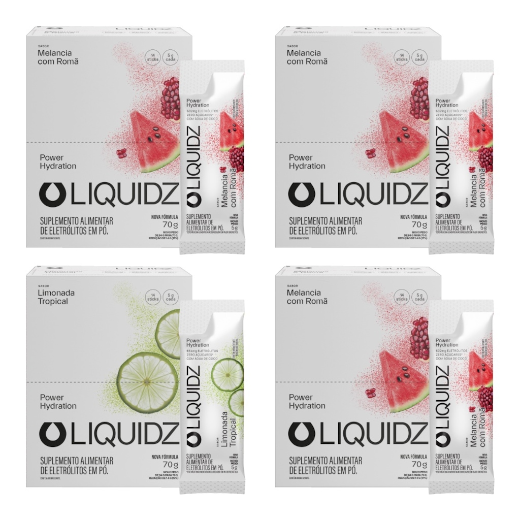 Kit 4 Caixas LIQUIDZ® - Eletrólitos Zero Açúcares - Limonada | Melancia - 56 sachês