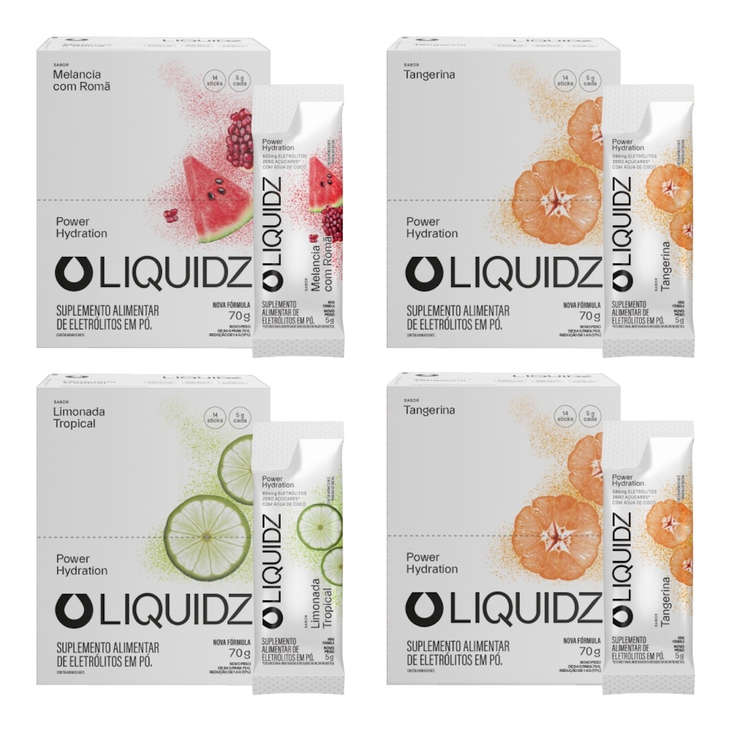 Kit 4 Caixas LIQUIDZ® - Eletrólitos Zero Açúcares - 3 Sabores - 56 sachês