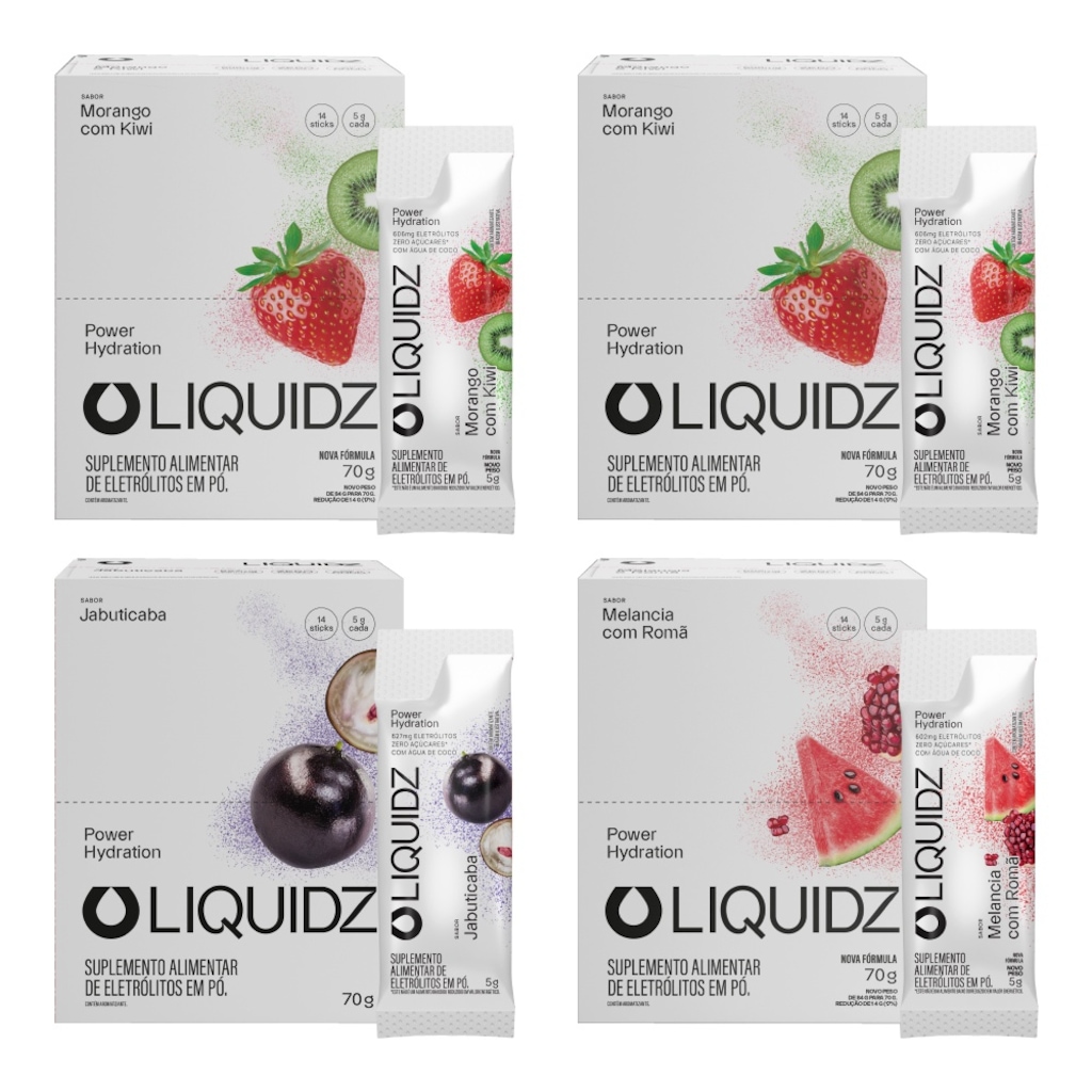 Kit 4 Caixas LIQUIDZ® - Eletrólitos Zero Açúcares - 3 Sabores - 56 sachês