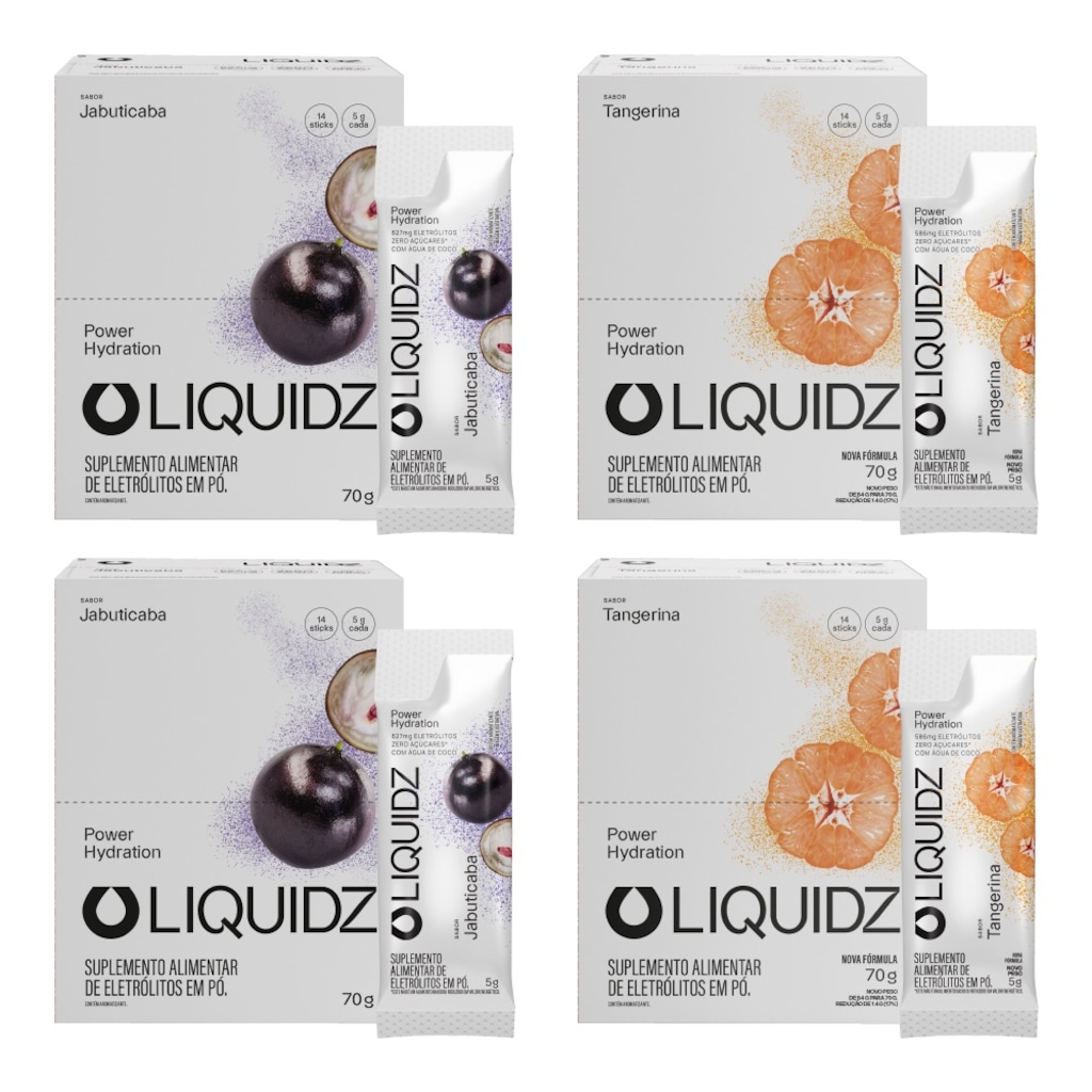 Kit 4 Caixas LIQUIDZ® - Eletrólitos Zero Açúcares - Tangerina | Jabuticaba - 56 sachês