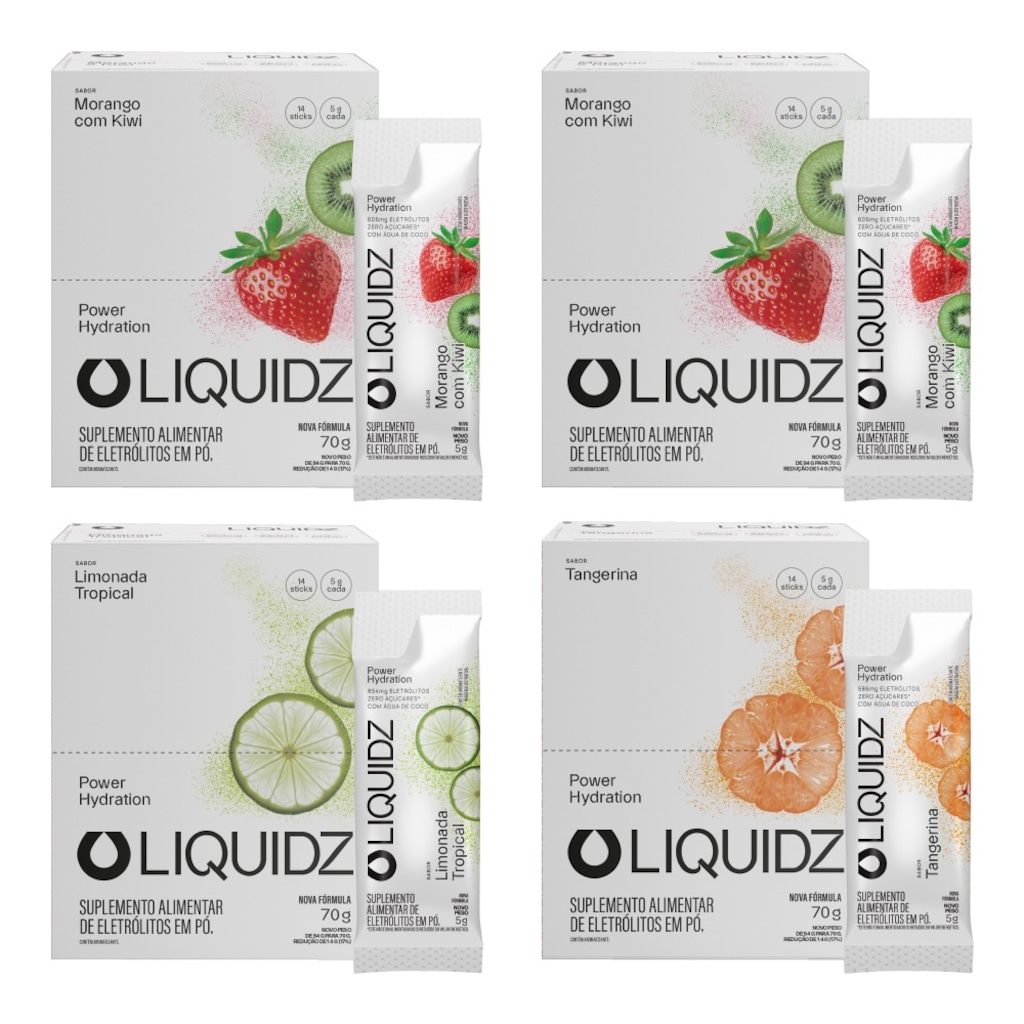 Kit 4 Caixas LIQUIDZ® - Eletrólitos Zero Açúcares - 3 Sabores - 56 sachês