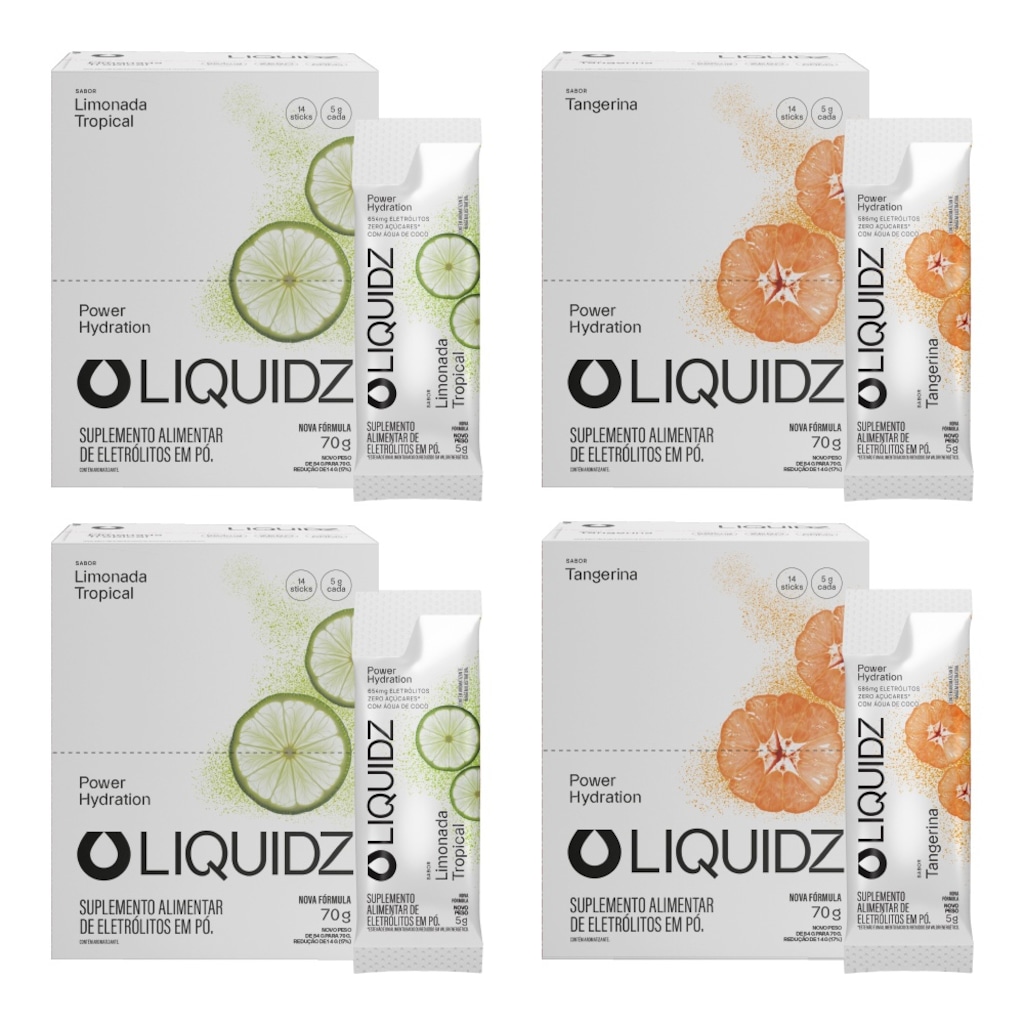 Kit 4 Caixas LIQUIDZ® - Eletrólitos Zero Açúcares - Limonada | Tangerina - 56 sachês