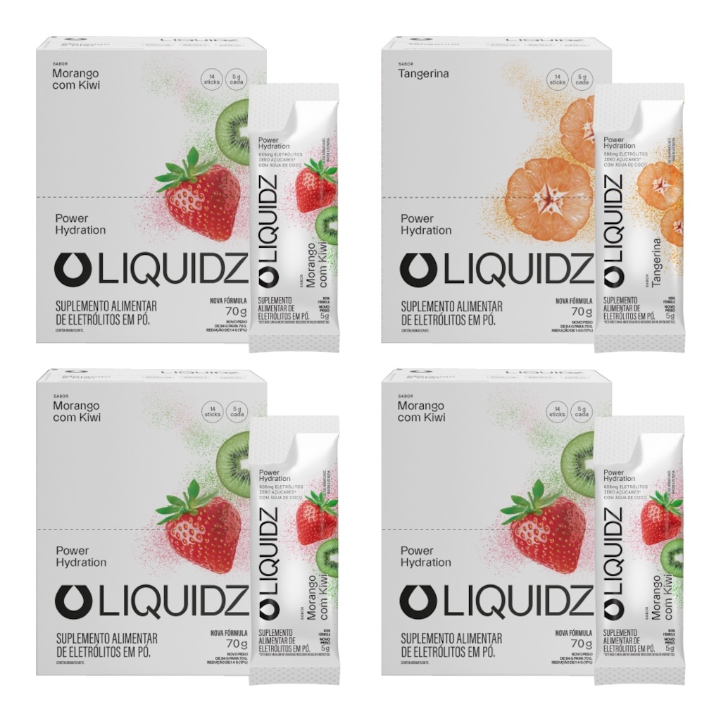 Kit 4 Caixas LIQUIDZ® - Eletrólitos Zero Açúcares - Morango e Tangerina - 56 sachês