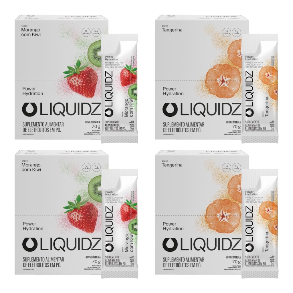 Kit 4 Caixas LIQUIDZ® - Eletrólitos Zero Açúcares - Morango | Tangerina - 56 sachês