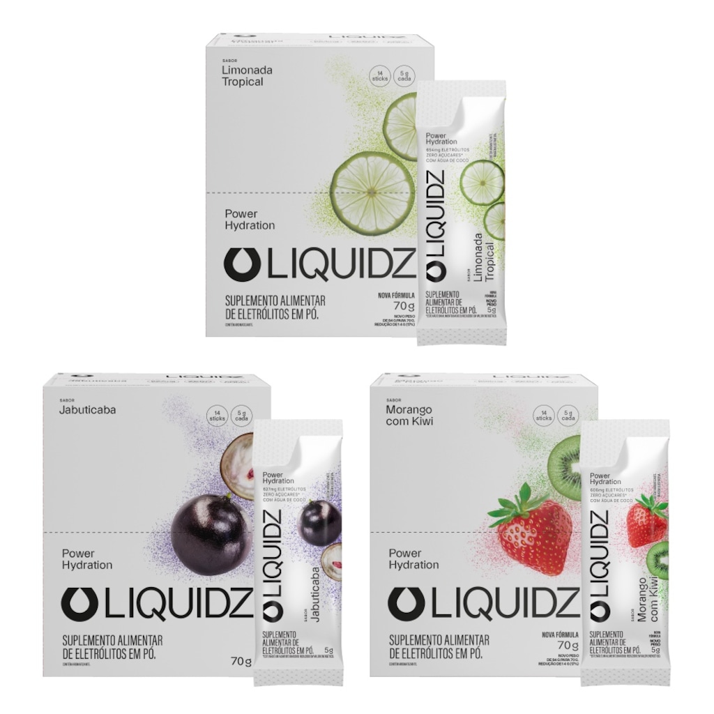 Kit 3 Caixas LIQUIDZ® Eletrólitos Zero Açúcar 3 Sabores 42 Sachês