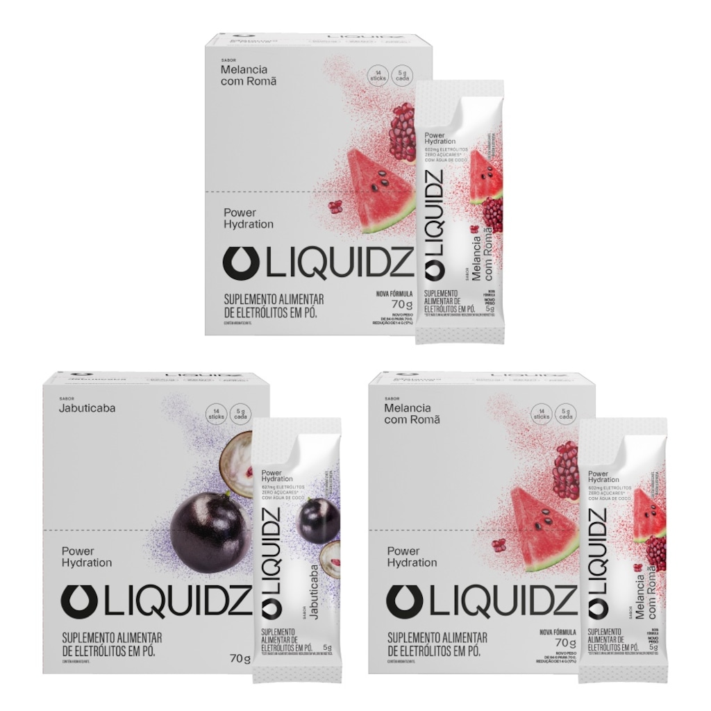 Kit 3 Caixas LIQUIDZ® - Eletrólitos Zero Açúcares - Melancia| Jabuticaba - 42 sachês