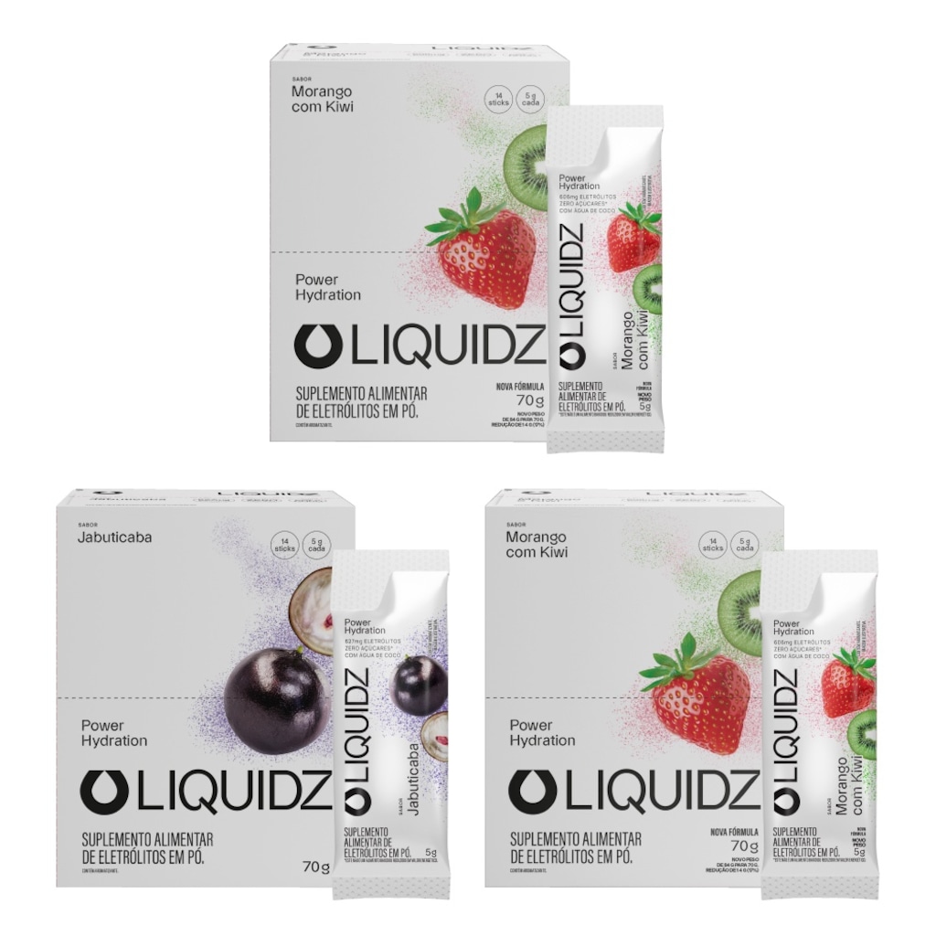 Kit 3 Caixas LIQUIDZ® - Eletrólitos Zero Açúcares - Morango|Jabuticaba  - 42 sachês
