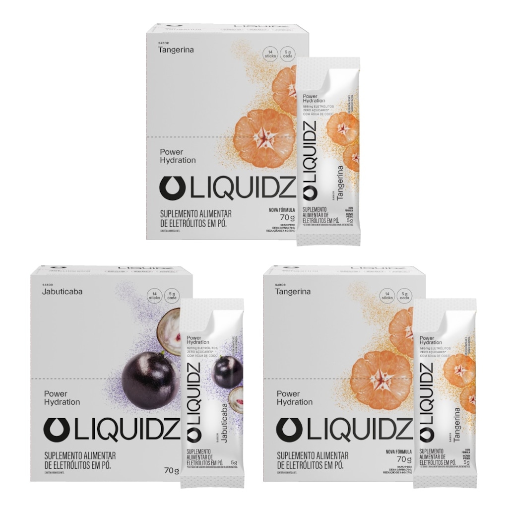 Kit 3 Caixas LIQUIDZ® - Eletrólitos Zero Açúcares - Tangerina |Jabuticaba - 42 sachês
