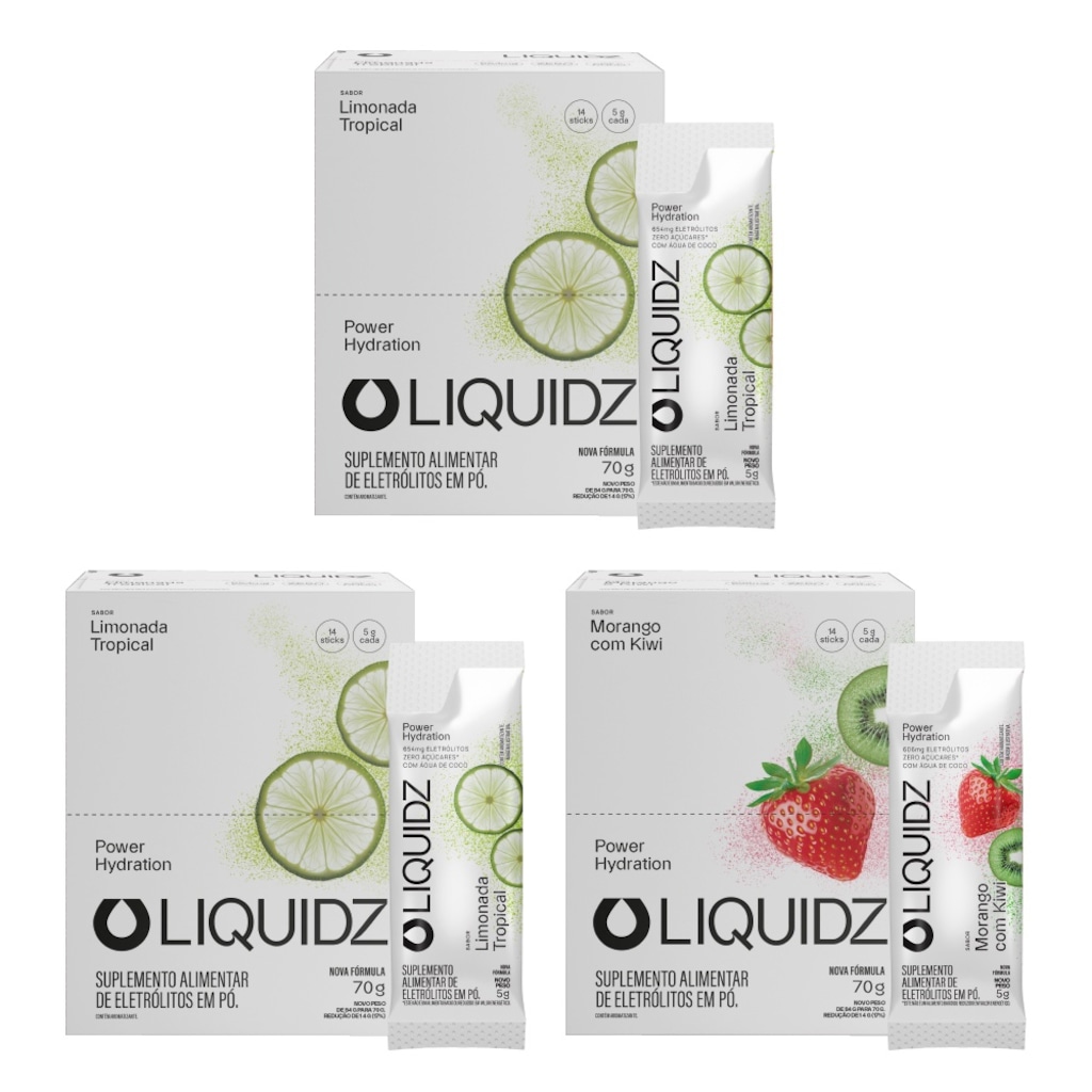 Kit 3 Caixas LIQUIDZ® Eletrólitos Zero Açúcar Limonada | Morango 42 Sachês