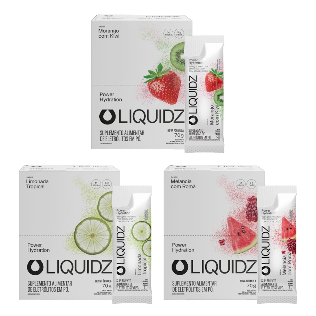Kit 3 Caixas LIQUIDZ® Eletrólitos Zero Açúcar 3 Sabores 42 Sachês