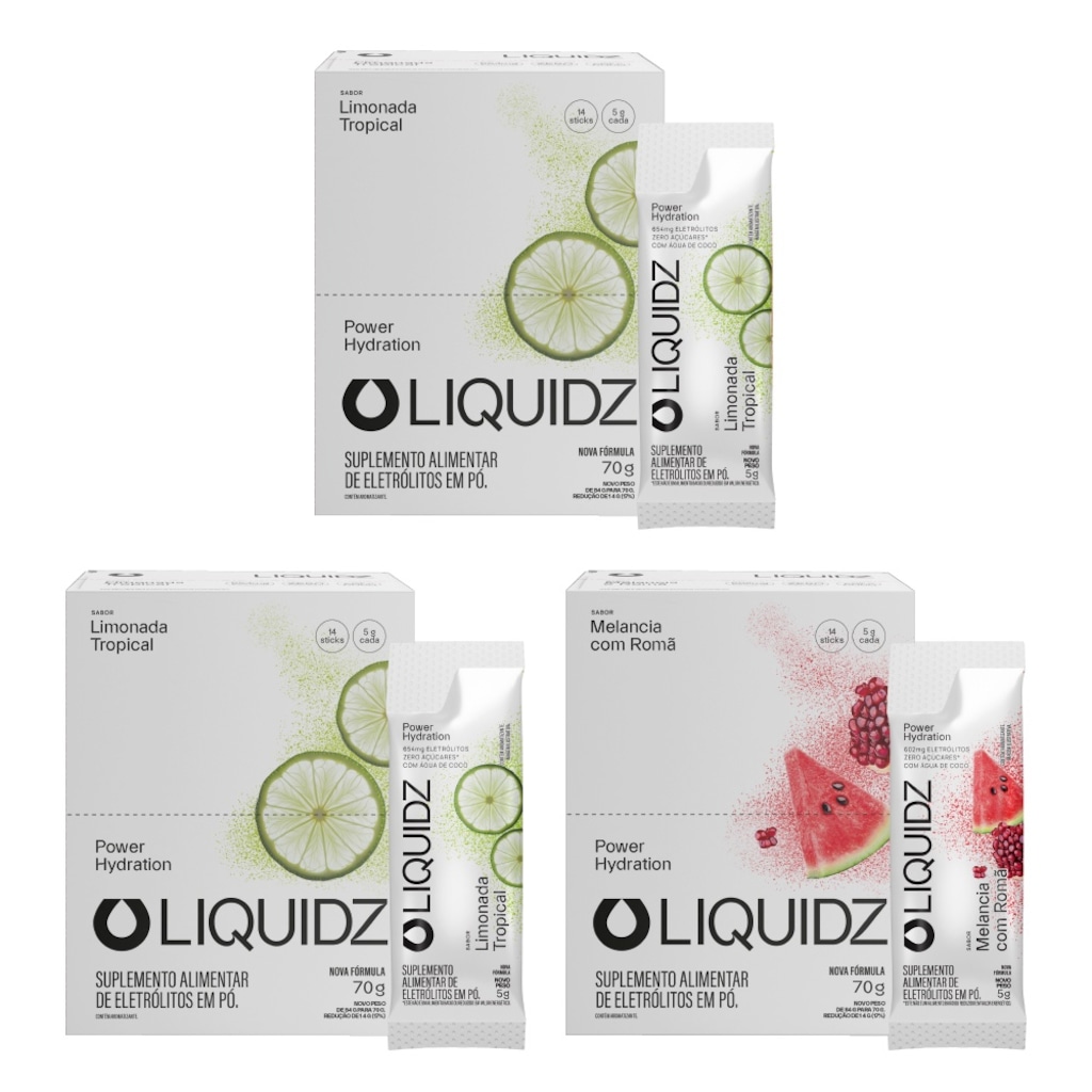 Kit 3 Caixas LIQUIDZ® Eletrólitos Zero Açúcar Limonada|Melancia 42 Sachês