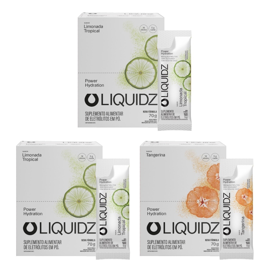 Kit 3 Caixas LIQUIDZ® Eletrólitos Zero Açúcar 2 Sabores - 42 Sachês