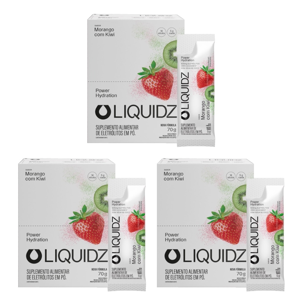 Kit 3 Caixas LIQUIDZ® Eletrólitos Zero Açúcar Morango com Kiwi 42 Sachês