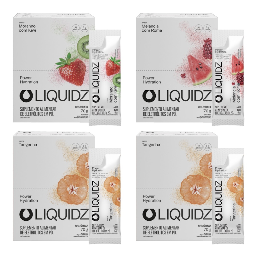 Kit 4 Caixas LIQUIDZ® Eletrólitos Zero Açúcar 3 Sabores 56 Sachês