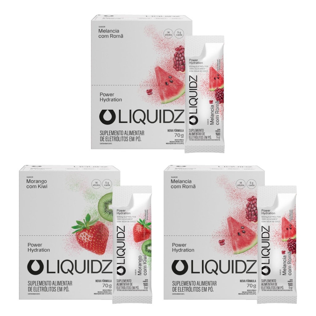 Kit 3 Caixas LIQUIDZ® - Eletrólitos Zero Açúcares - Melancia | Morango - 42 sachês