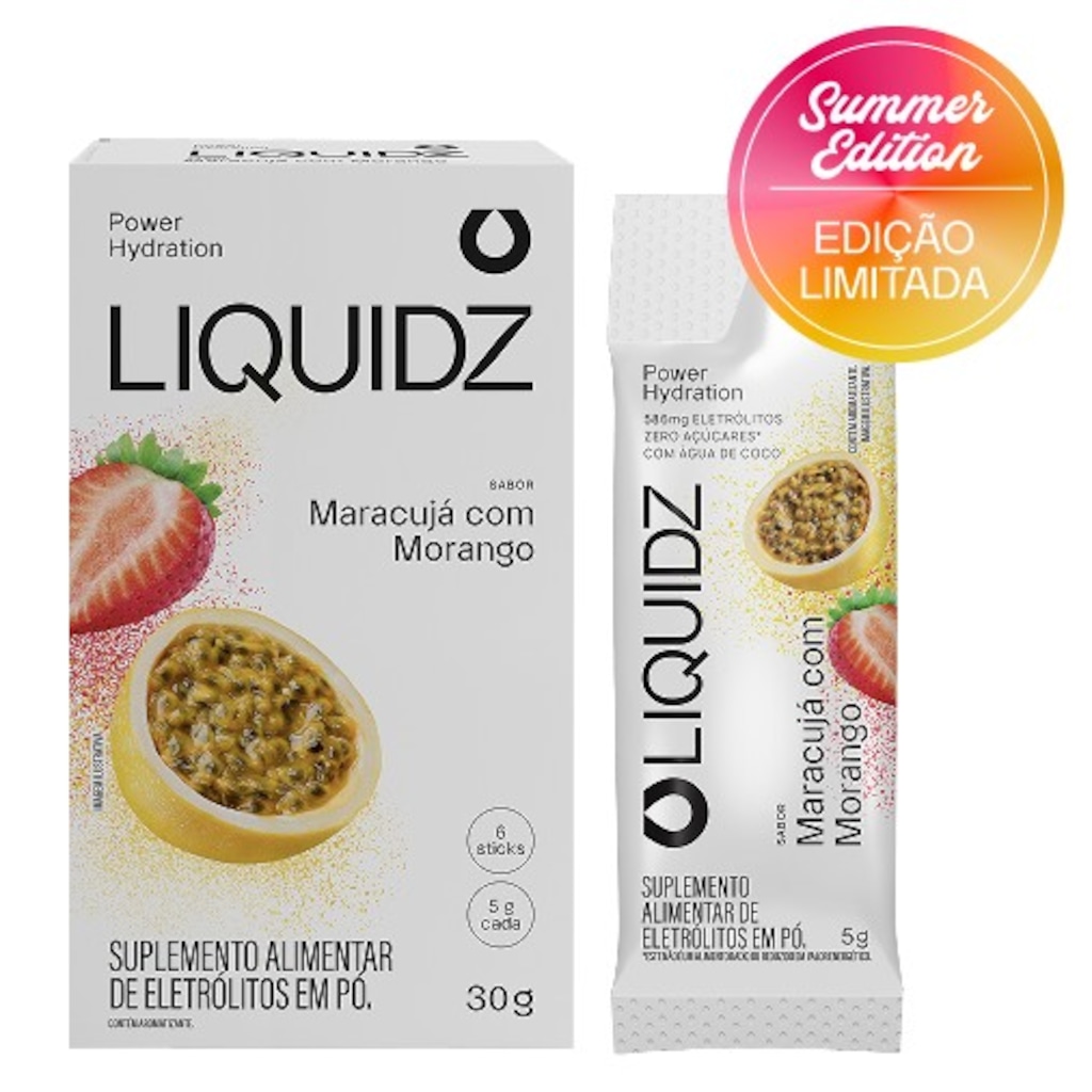 LIQUIDZ® - Eletrólitos Zero Açúcares - Sabor Maracujá com Morango - 6 sachês