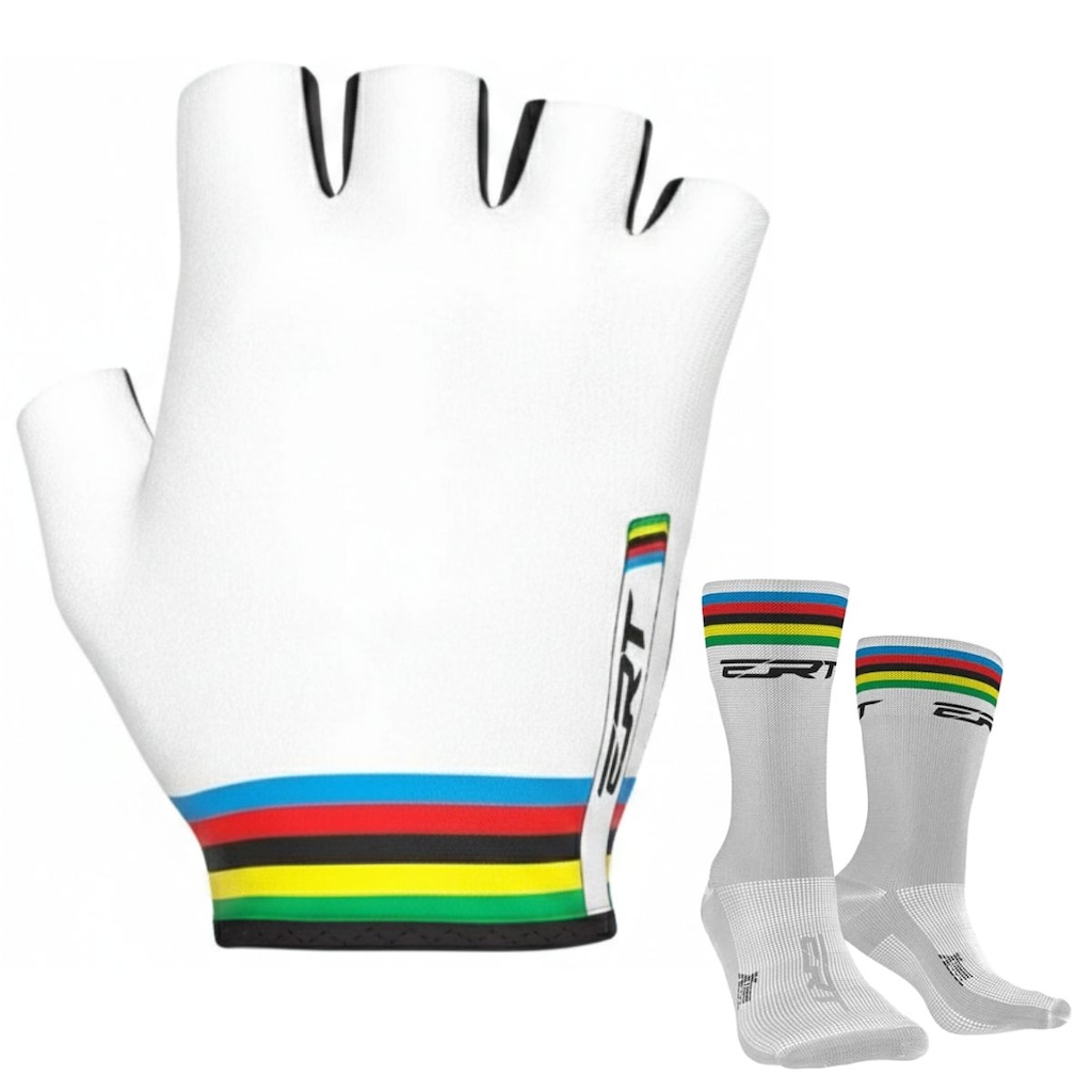 Kit Luvas de Ciclismo Meio Dedo Curto ERT Campeão Mundial + Par de Meias