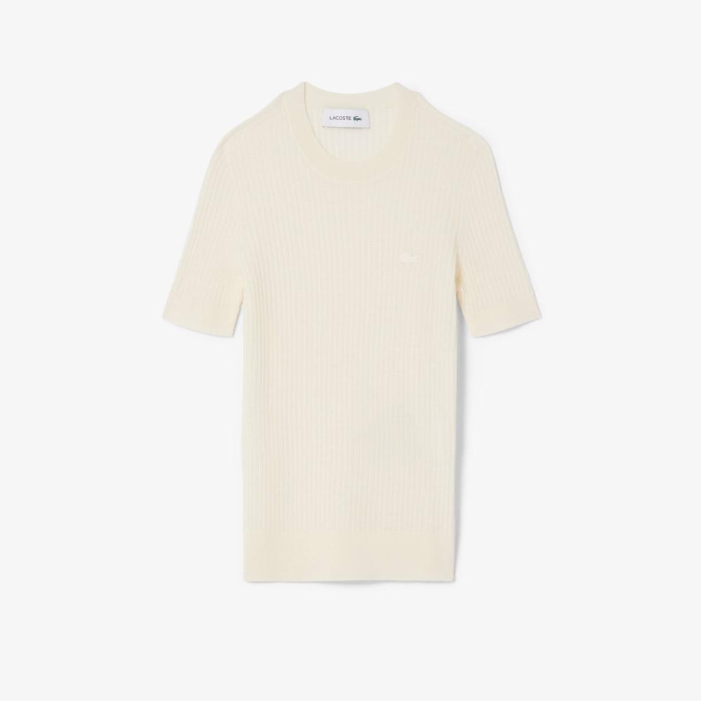 Suéter de malha canelada de lã merino de mangas curtas Lacoste Feminino