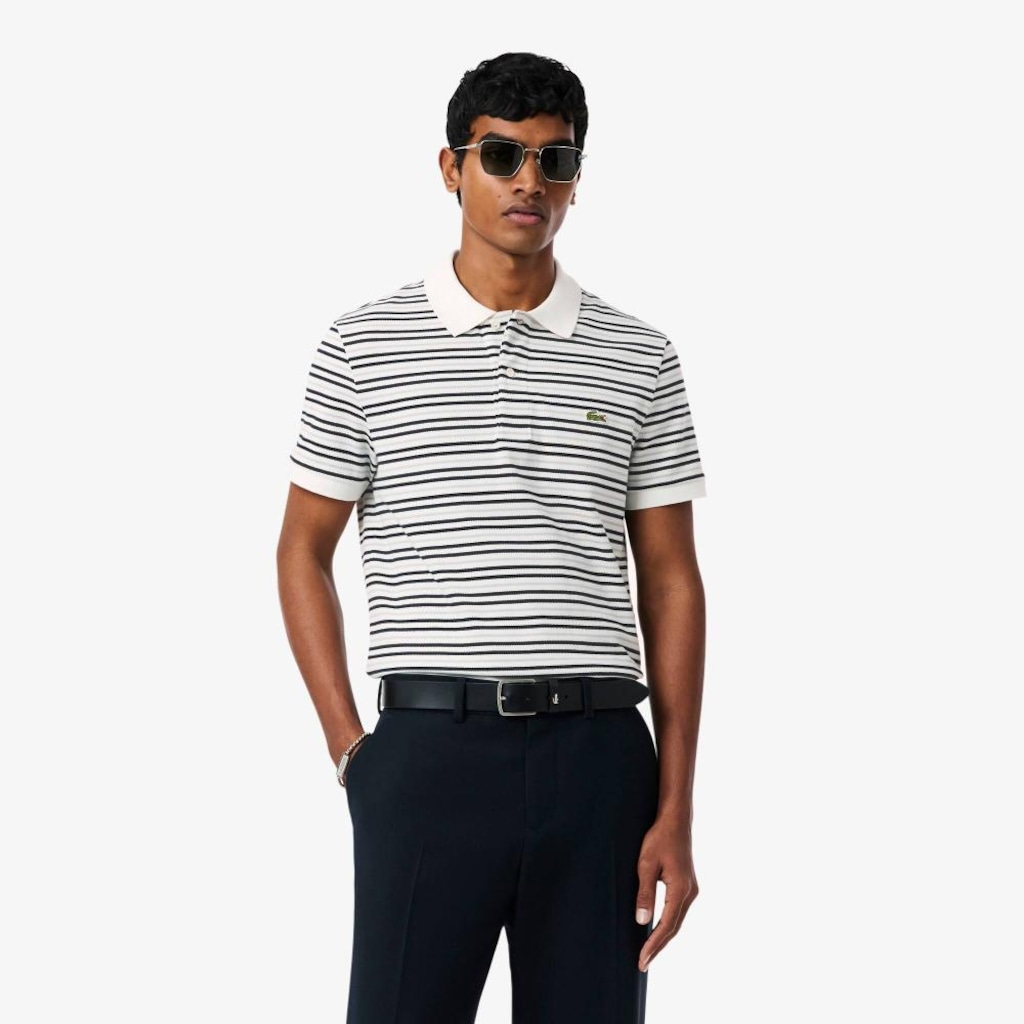 Camiseta Polo em Petit Piqué Listrada Classic Fit Lacoste Masculina