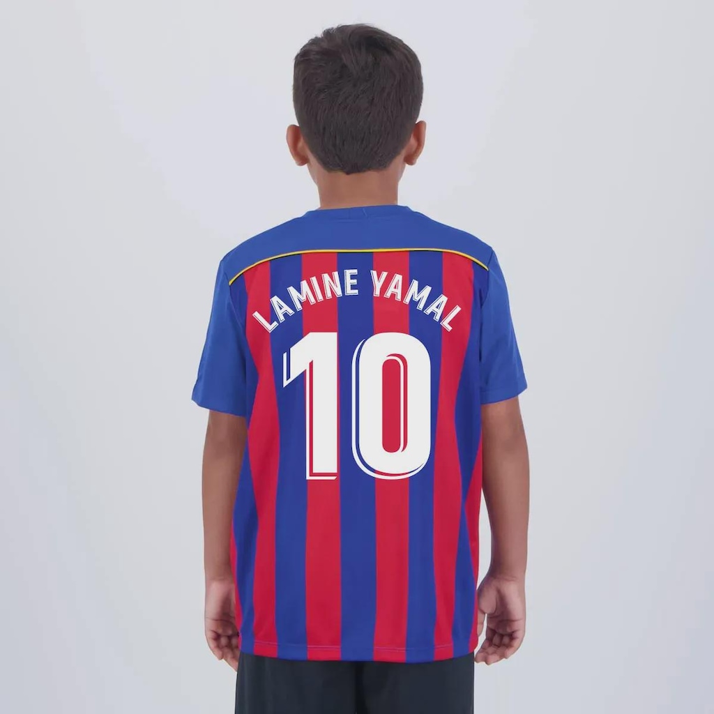 Camisa do Barcelona Listrada 10 Lamine Yamal Infantil