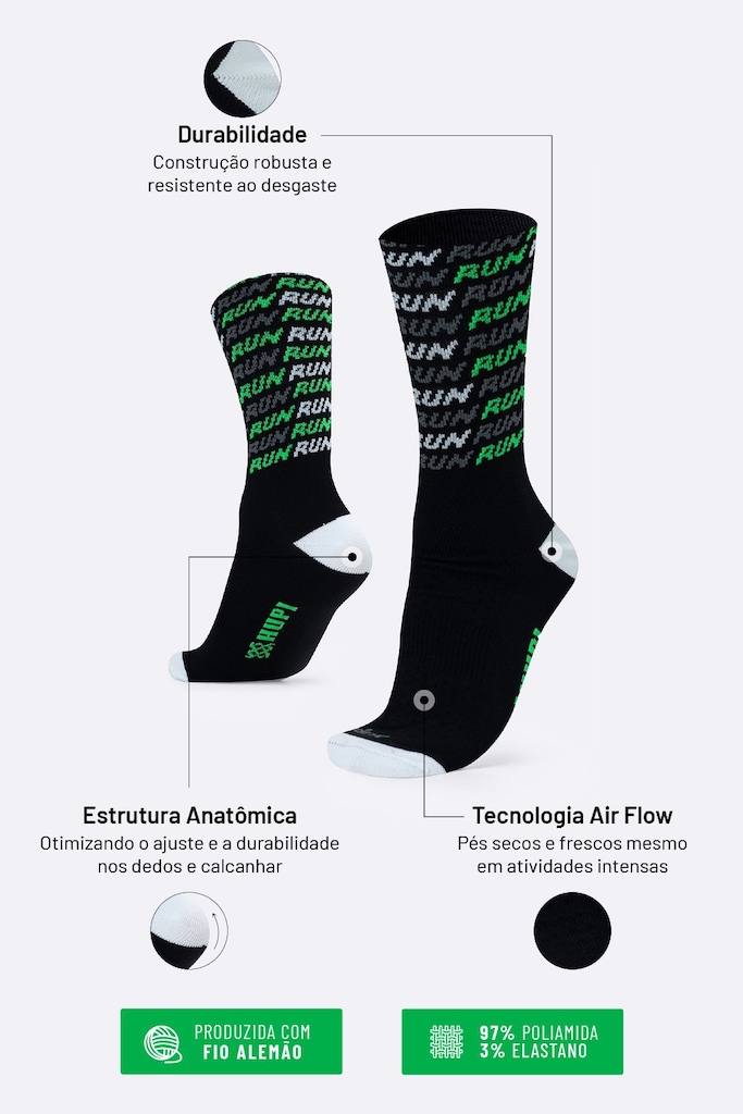 Imagem 5 do produto Meia HUPI Run Tri Preto e Verde Plus