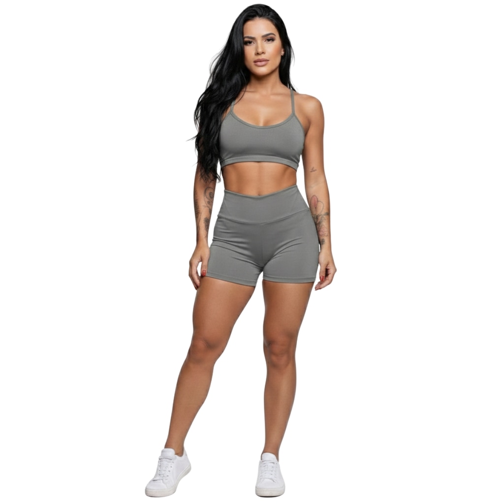 Conjunto Top Alça Fina sem Bojo e Short Suplex Vekyo Feminino