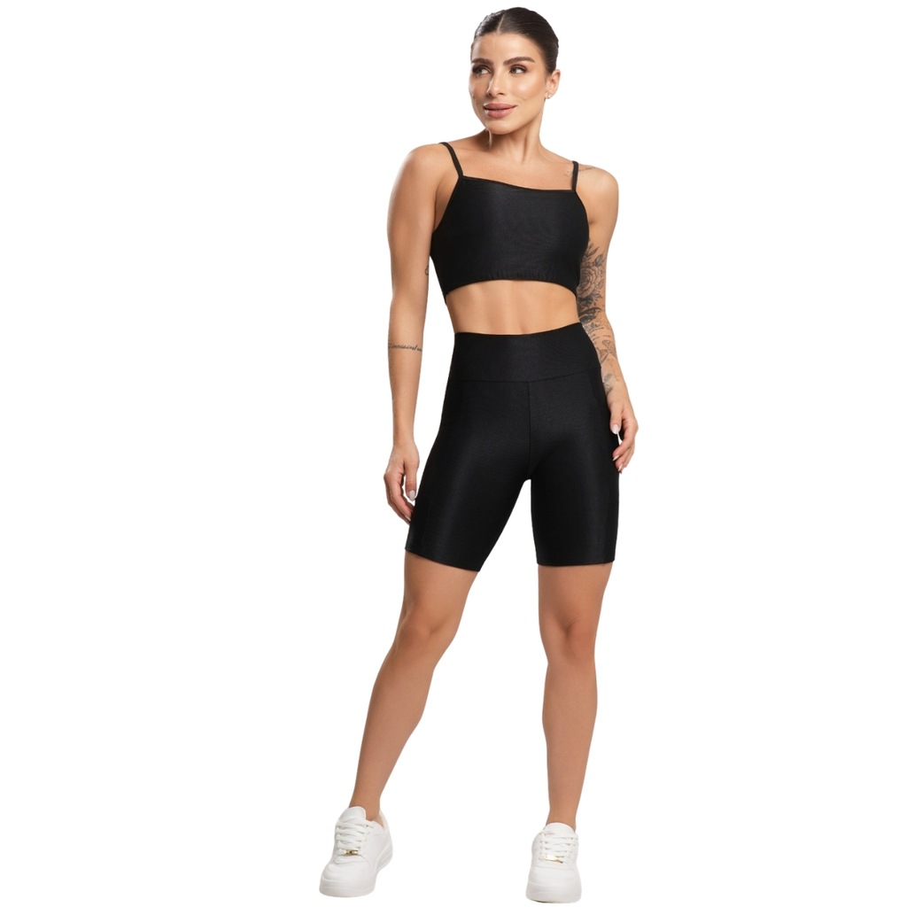 Conjunto Fitness Top e Bermuda Com Bolso Vekyo Feminino