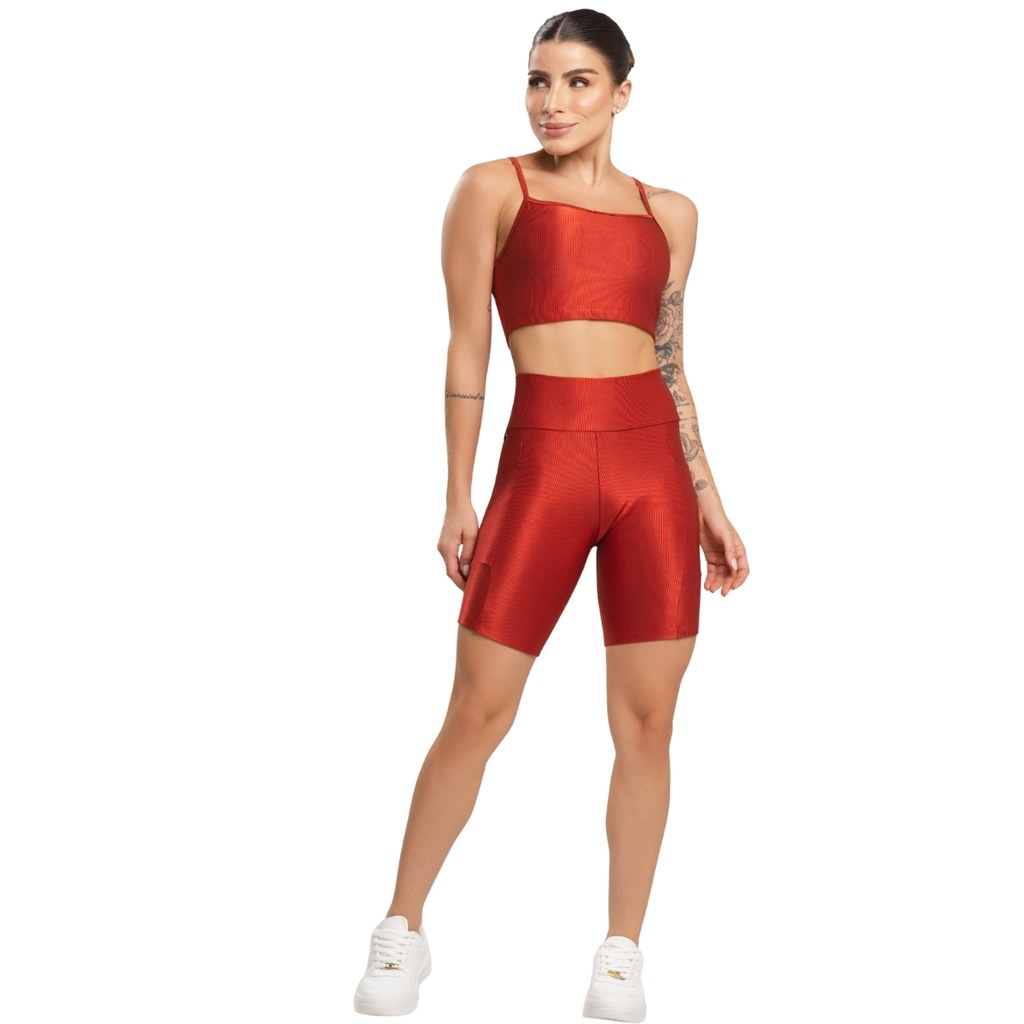 Conjunto Fitness Top e Bermuda Com Bolso Vekyo Feminino