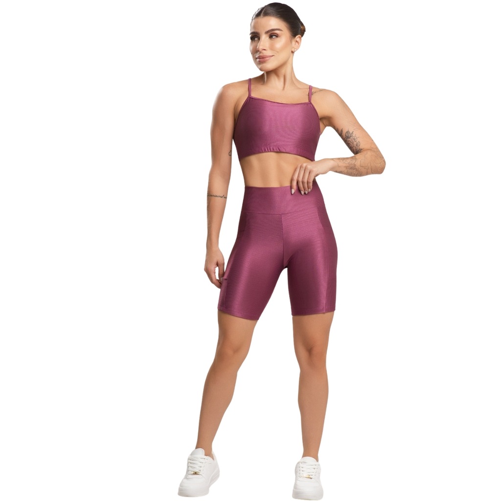 Conjunto Fitness Top e Bermuda Com Bolso Vekyo Feminino