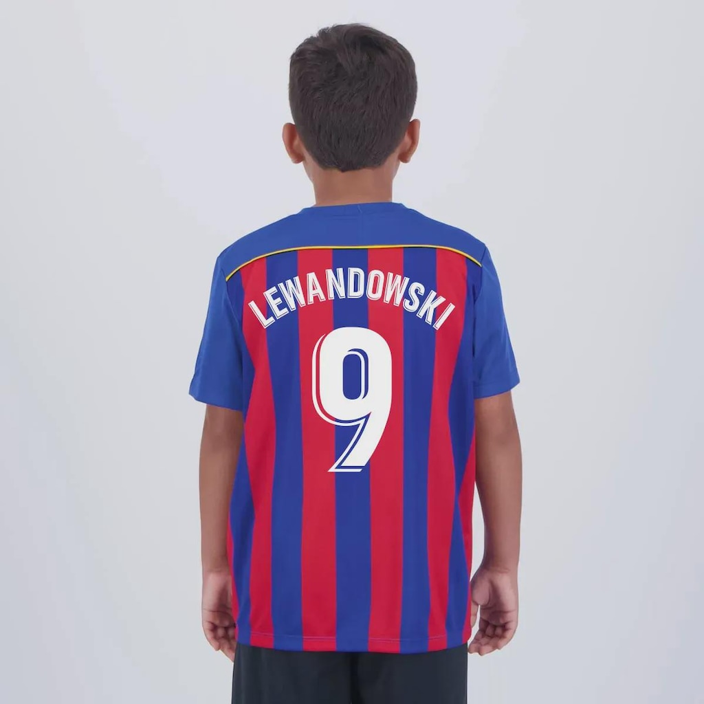 Camisa do Barcelona Listrada 9 Lewandowski FutFanatics Infantil