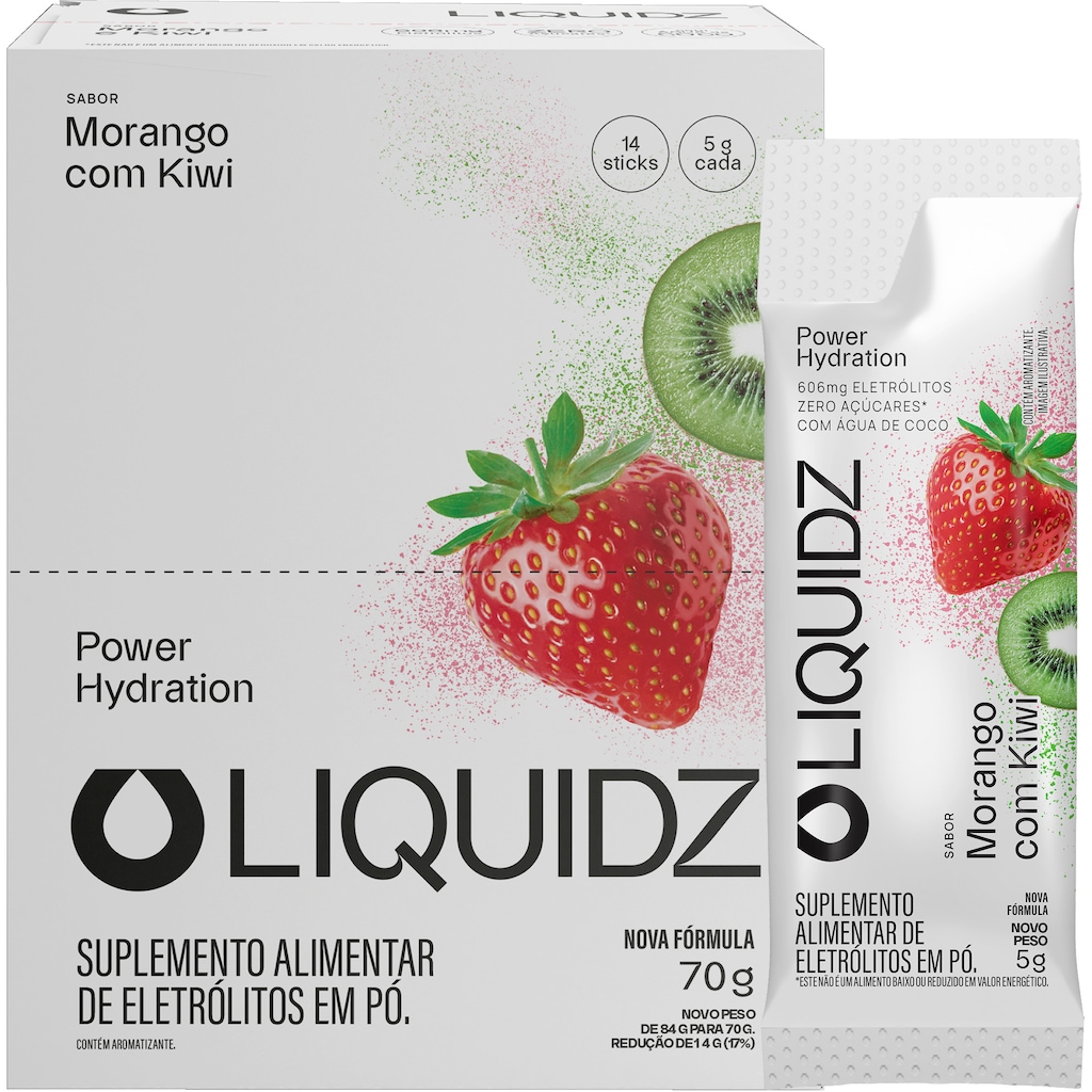 Eletrólitos LIQUIDZ® Zero Açúcares - Sabor Morango com Kiwi  - Kit 1 Caixa - 14 sachês
