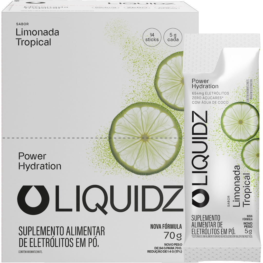 Eletrólitos LIQUIDZ® Zero Açúcares - Sabor Limonada Tropical  - Kit 1 Caixa com 14 sachês