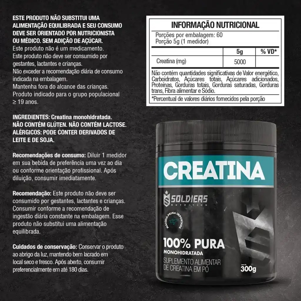Imagem 2 do produto Creatina Monohidratada 300g 100% Pura Importada - Soldiers Nutrition