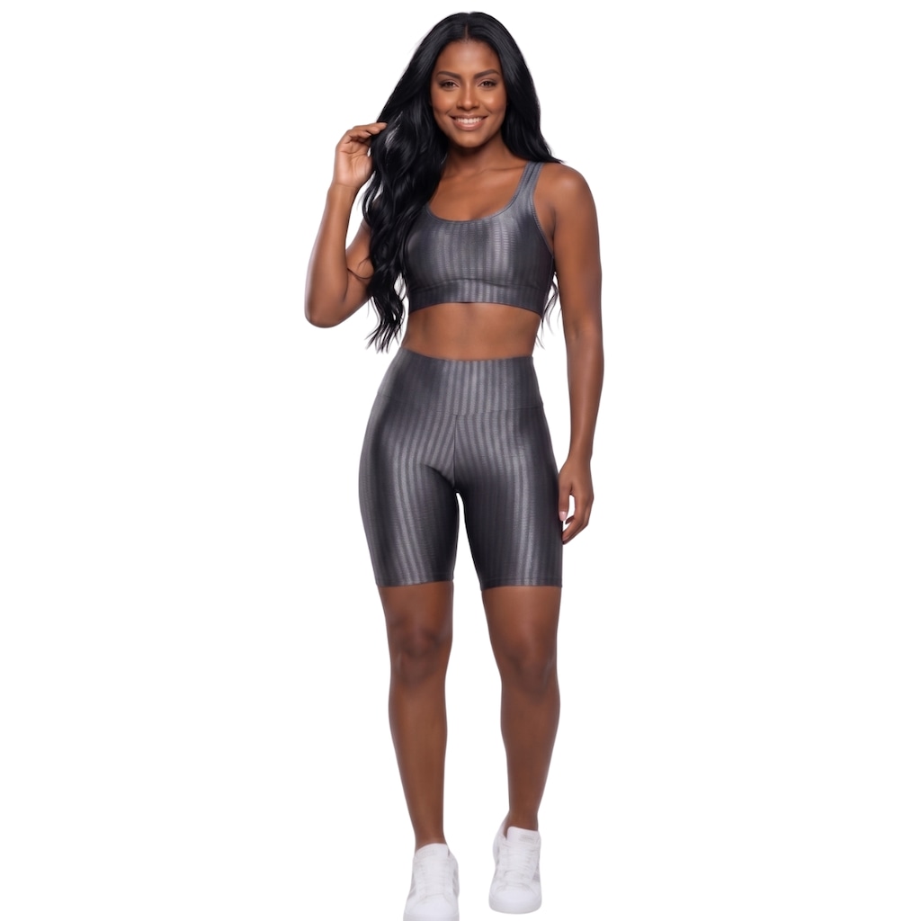 Conjunto Fitness Top e Bermuda New Zig 3D Vekyo Compressão Roupa Para Academia Treino Moda Feminina