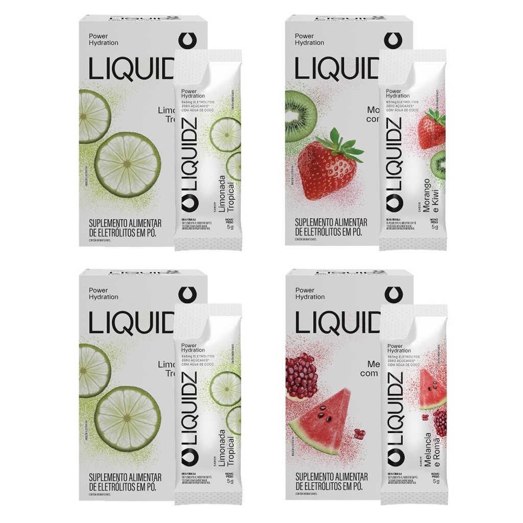 Eletrólitos Zero Açúcares LIQUIDZ® - 3 Sabores - Kit 4 Caixas - 24 sachês