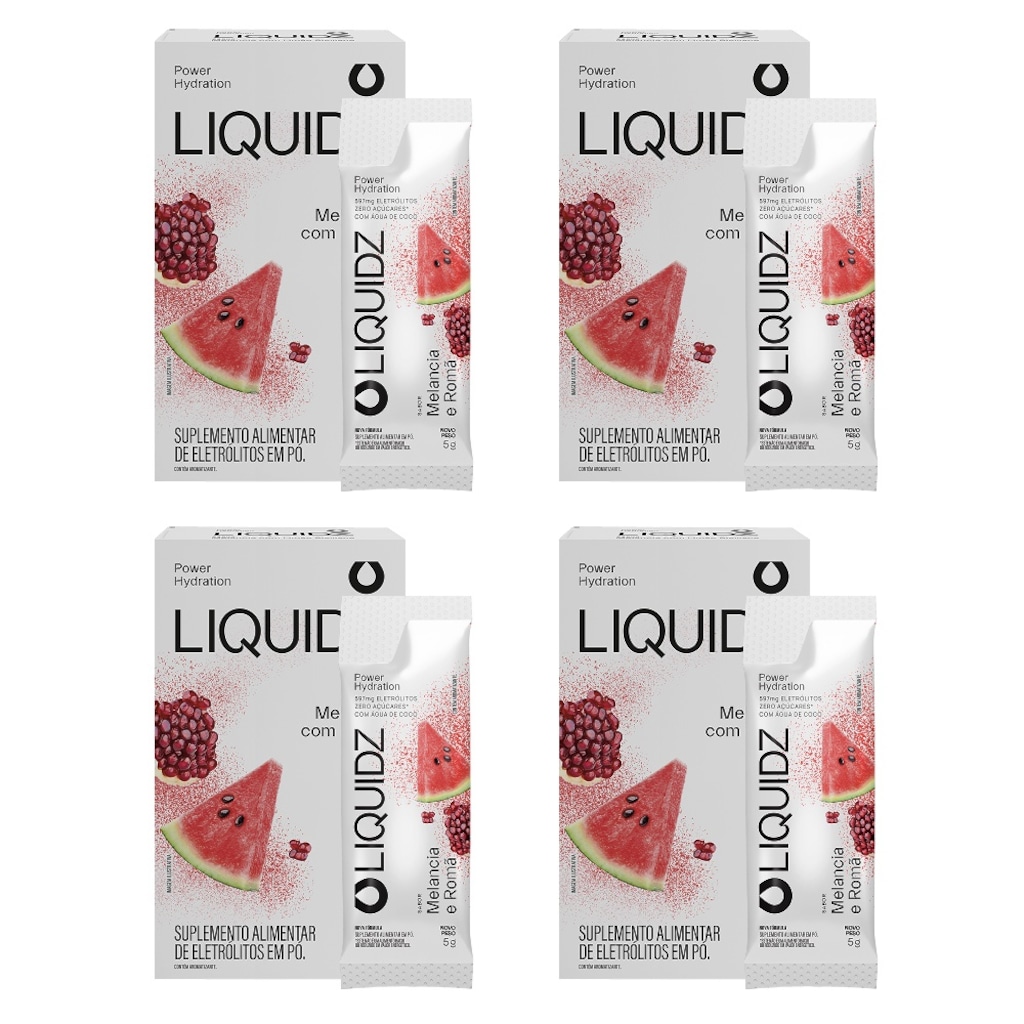 Eletrólitos Zero Açúcares LIQUIDZ® - Melancia com Romã - Kit 4 Caixas - 24 sachês