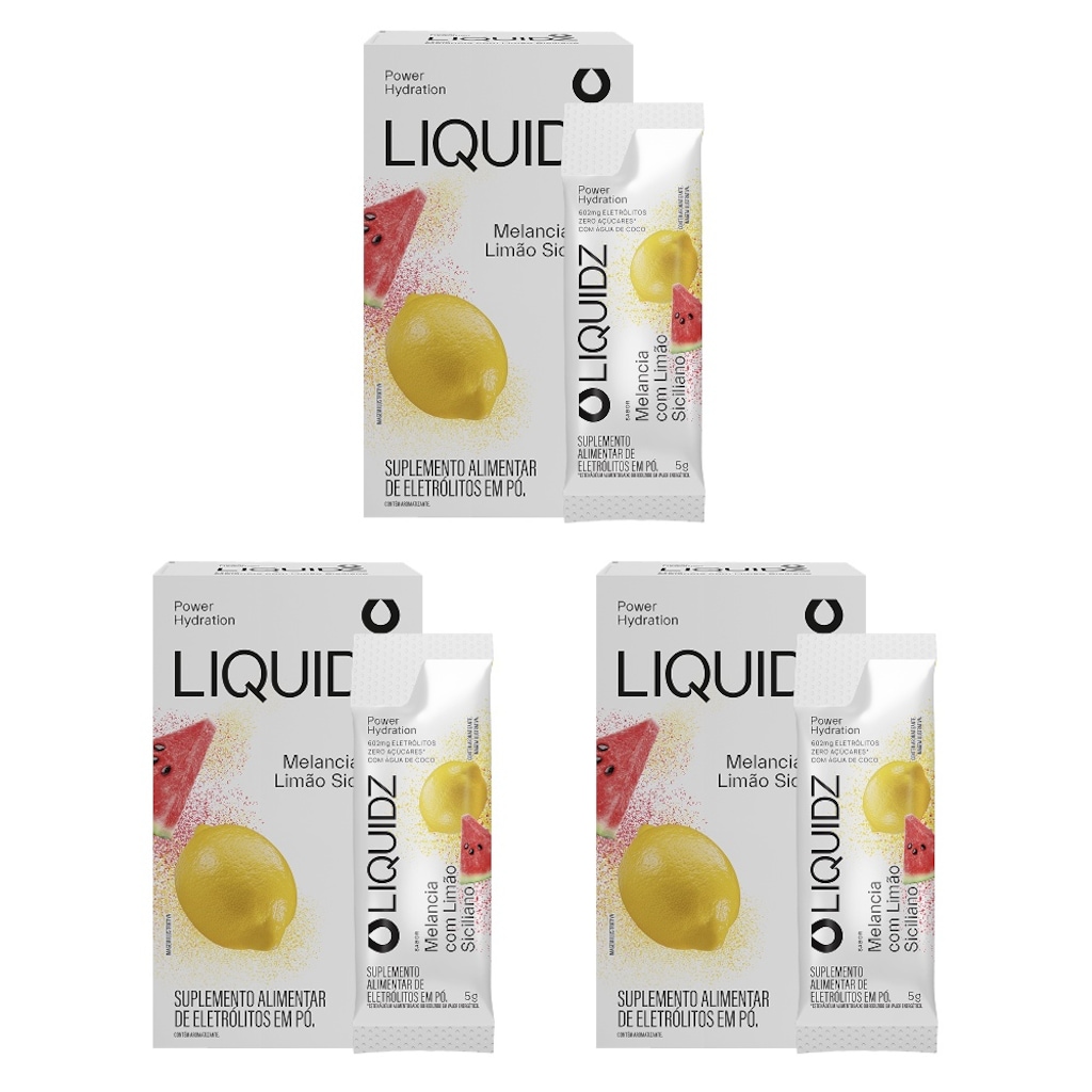 Eletrólitos Zero Açúcares LIQUIDZ® - Melancia com Limão Siciliano - Kit 3 Caixas - 18 sachês