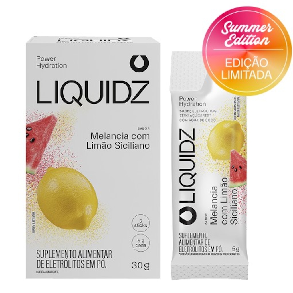 Eletrólitos Zero Açúcares LIQUIDZ® - Sabor Melancia com Limão - Kit 1 Caixa - 6 sachês
