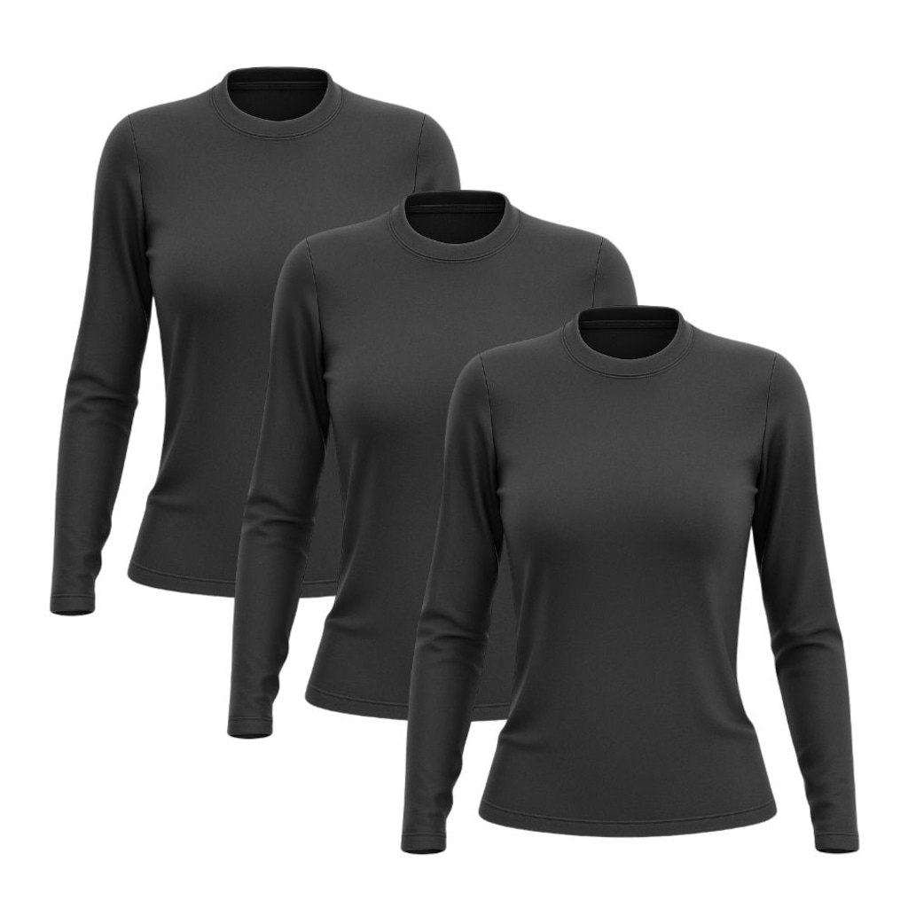 Kit 3 Camisetas Manga Longa Dry Lisa Treino Feminina