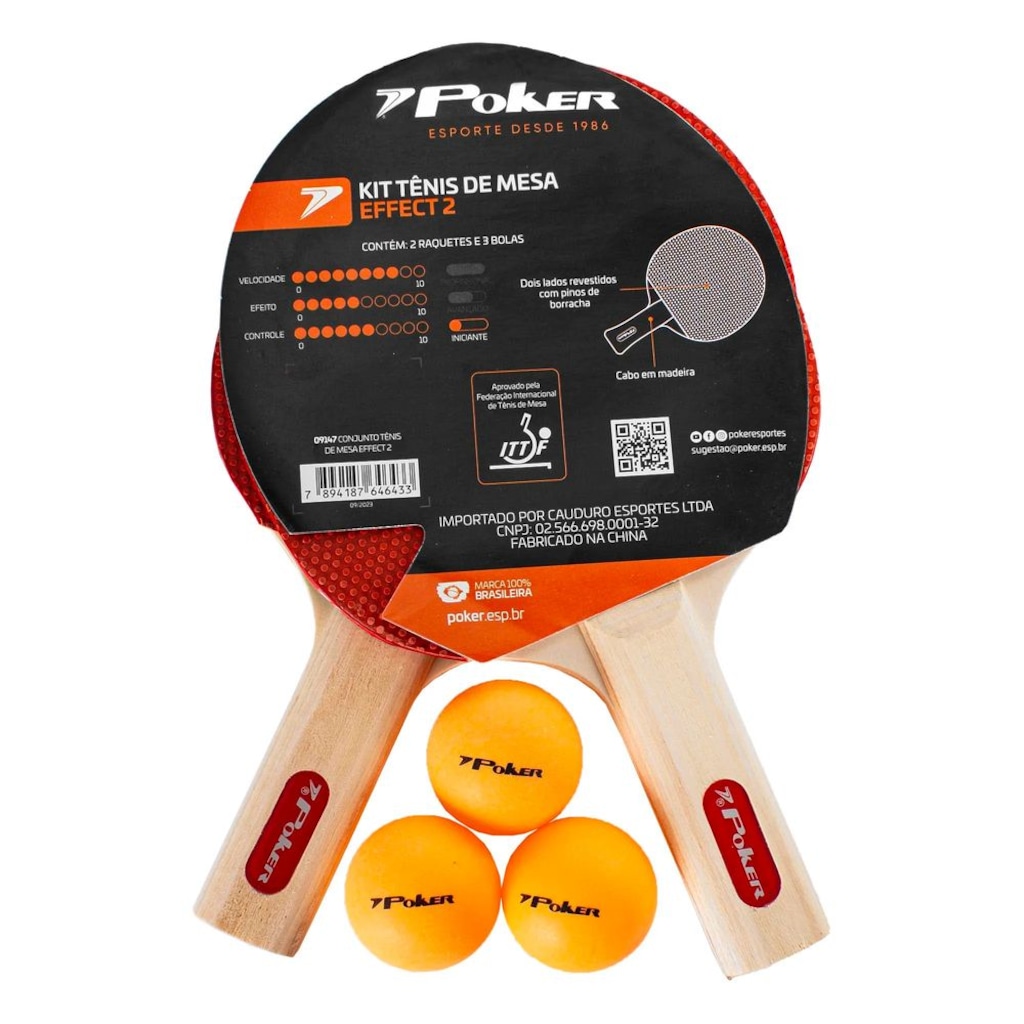 Conjunto Poker Tênis de Mesa Effect II 2 Raquetes e 3 Bolas