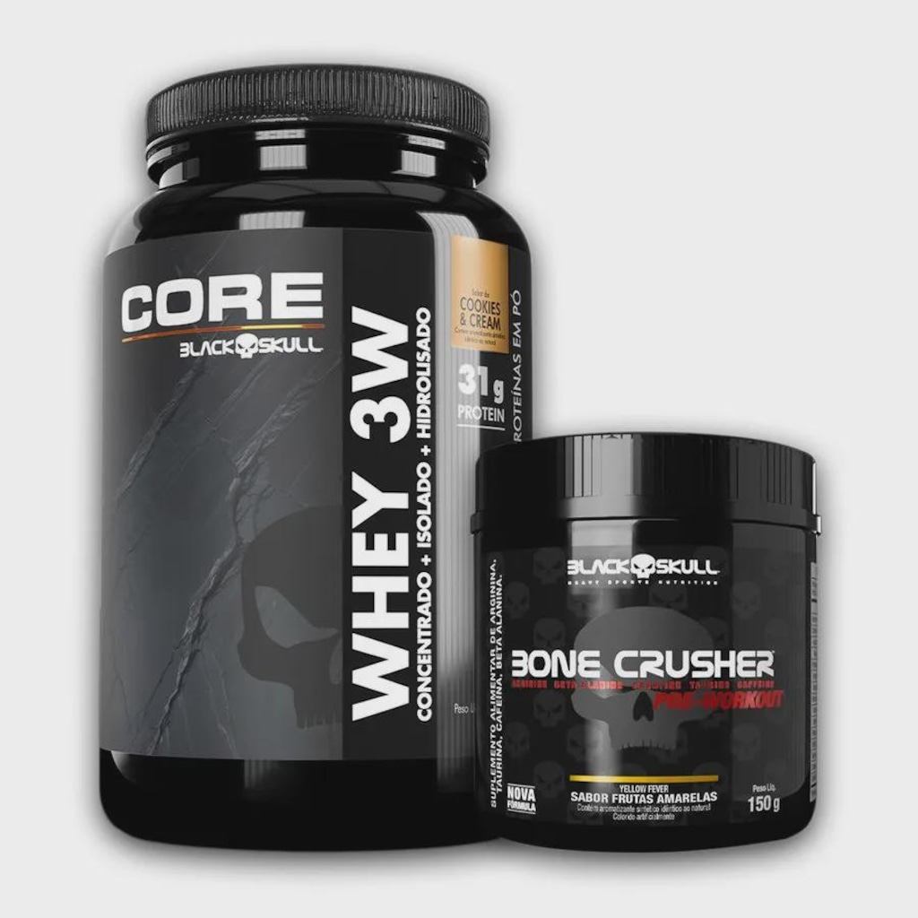 Combo Whey 3W Core 900g + Bone Crusher Frutas Amarelas 150g BLACK SKULL