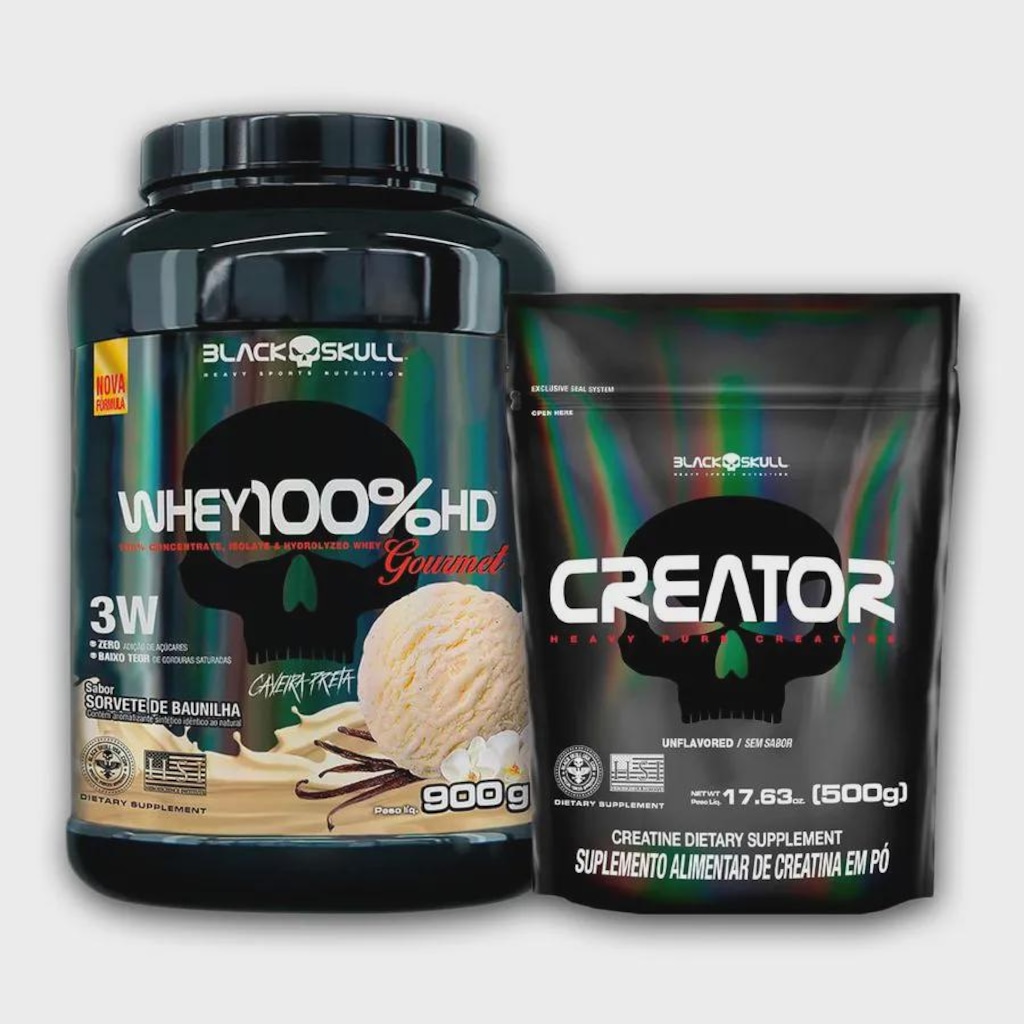 Combo Black Skull Whey Gourmet Baunilha 900g + Creatina Creator 500g