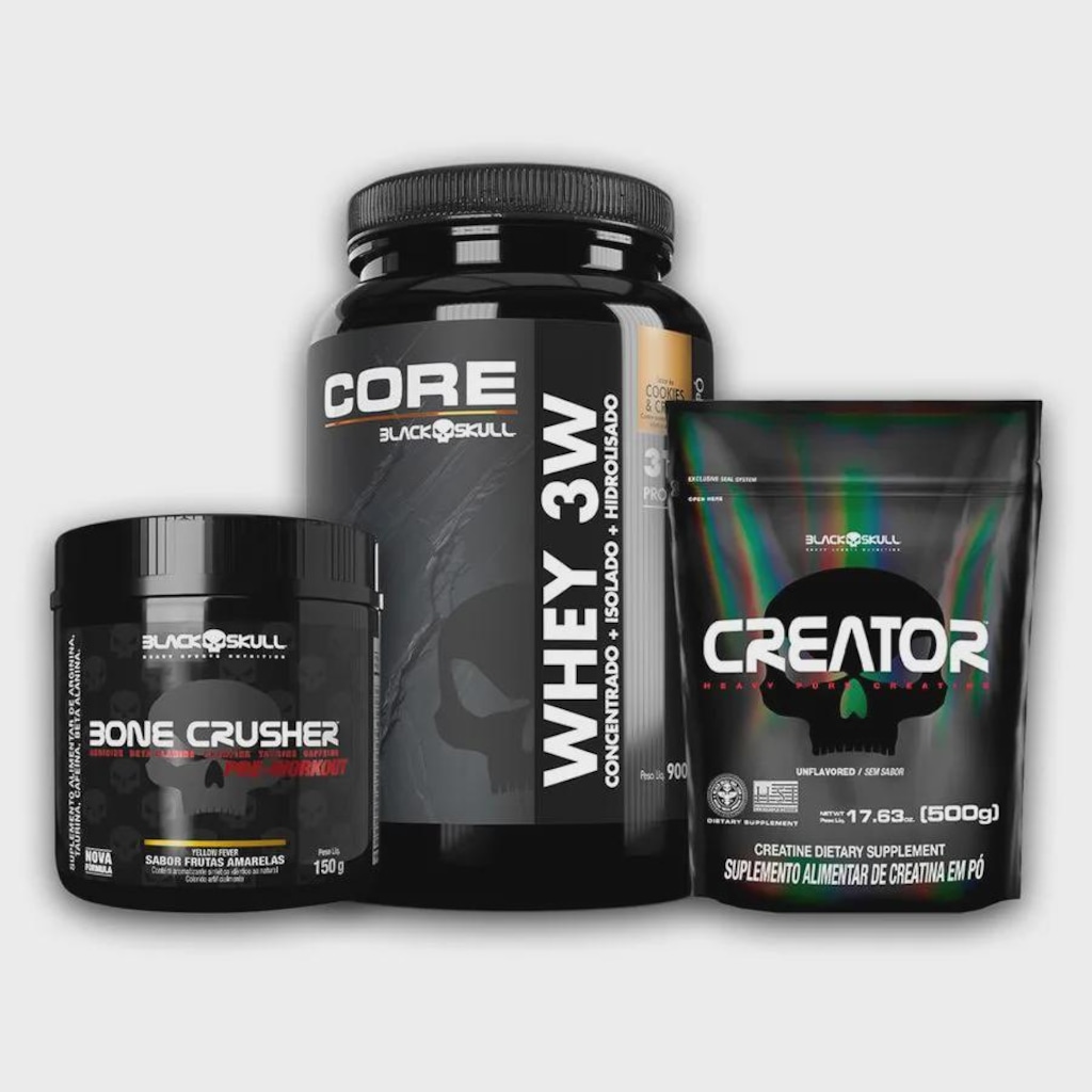 Combo Black Skull Whey 3W Core 900g + Bone Crusher Frutas Amarelas 150g  + Creatina Creator 500g