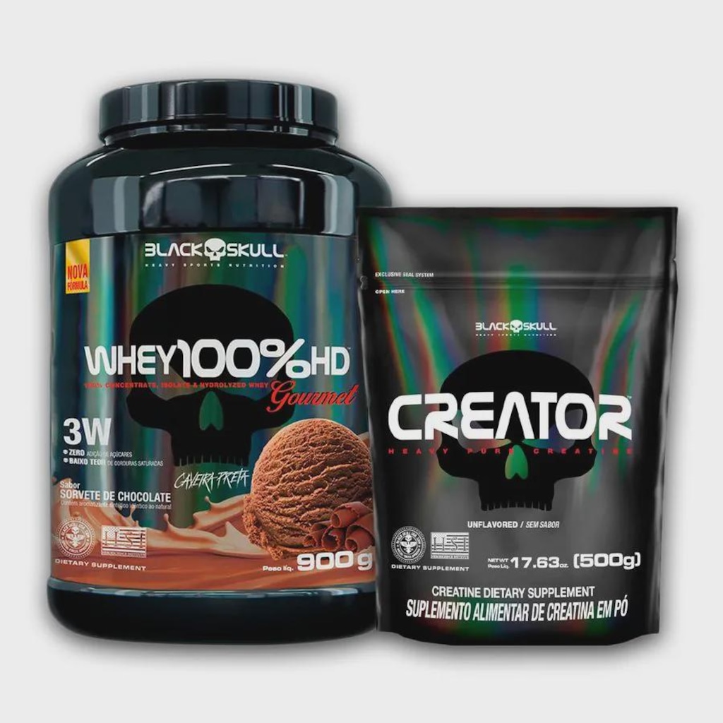 Combo Whey Gourmet Chocolate 900g + Creatina Creator 500g - Black Skull