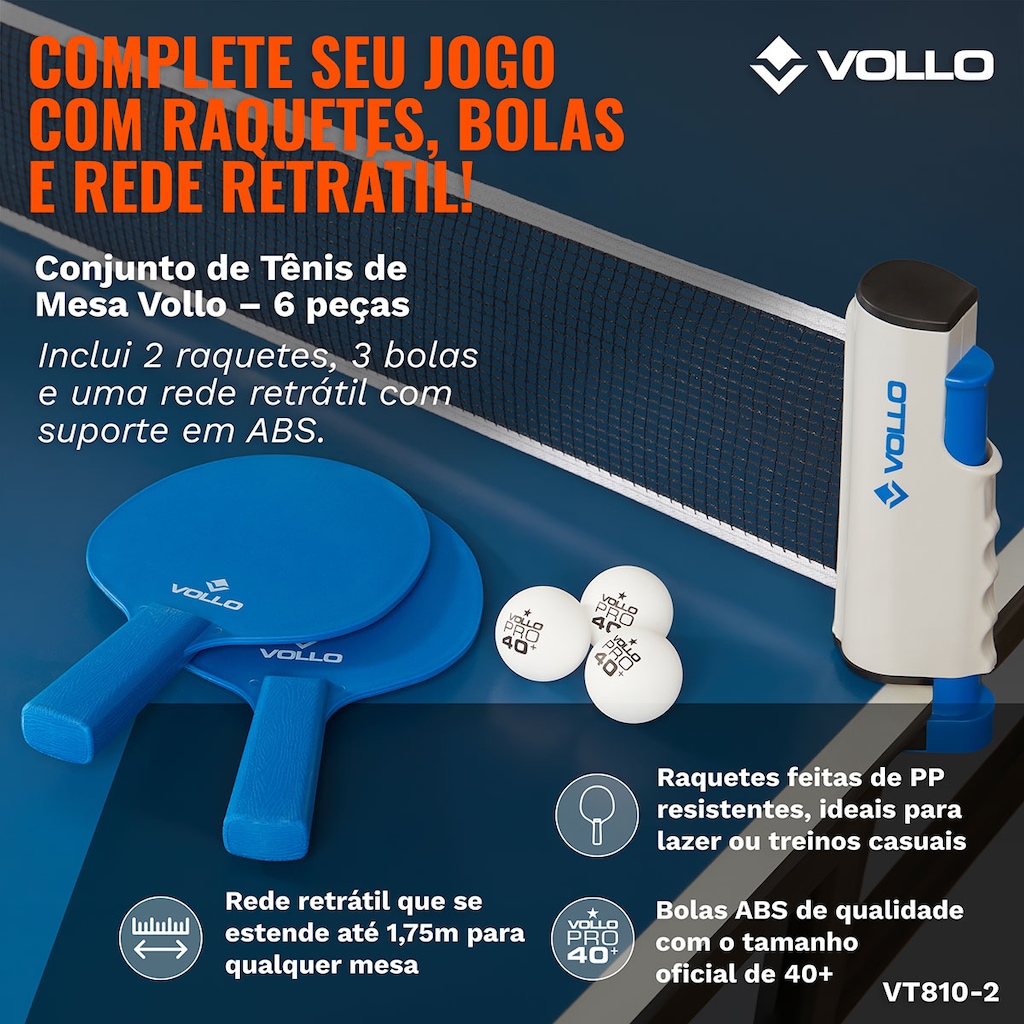 Imagem 5 do produto Kit Tênis de Mesa Ping Pong 2 Raquetes 3 Bolas e Rede Retrátil Vollo