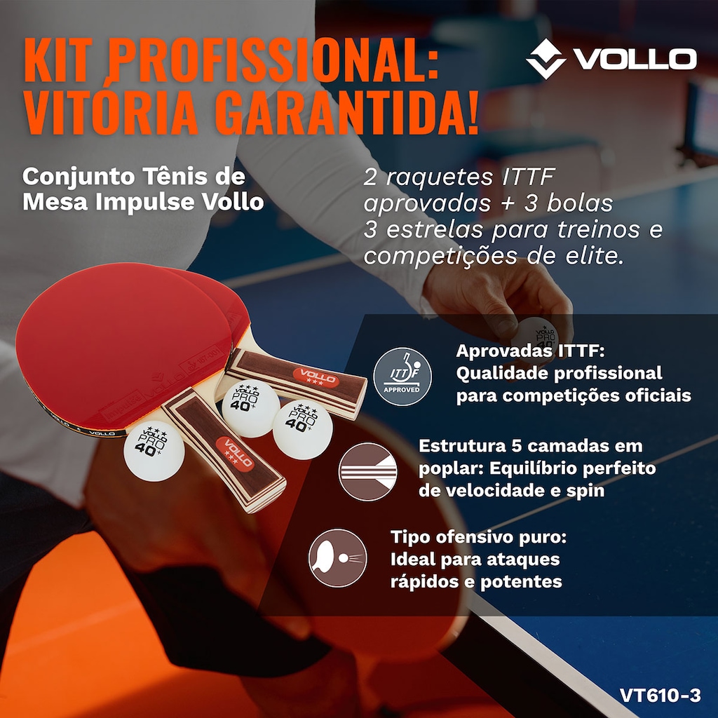 Imagem 5 do produto Kit Profissional Tênis de Mesa Ping Pong 2 Raquetes Impulse ITTF e 3 Bolas Vollo
