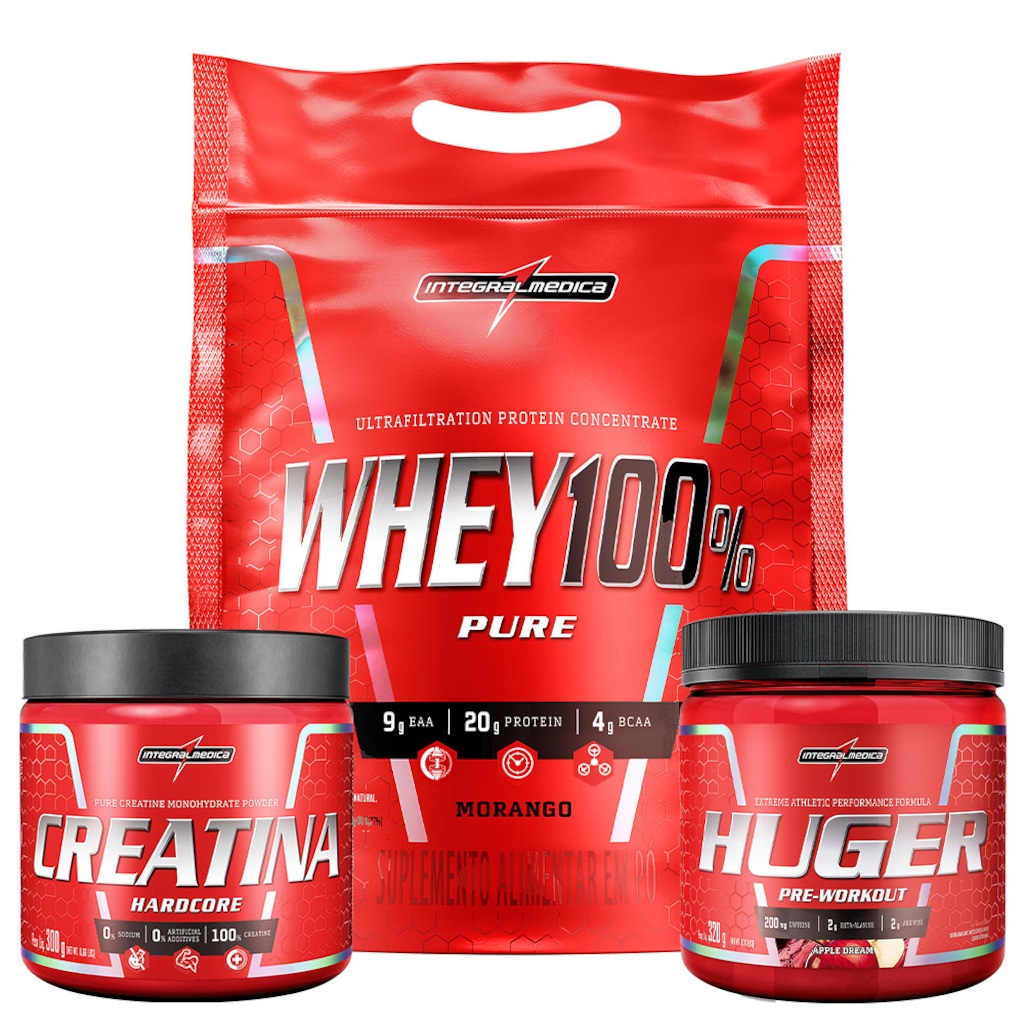 Kit Whey 100% 900g Pouch Morango + Creatina 100% Pura 300g + Huger 320g - Integralmedica