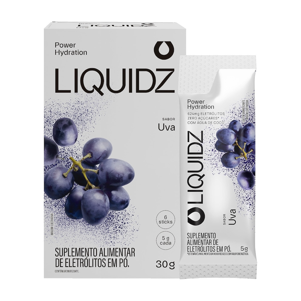Eletrólitos LIQUIDZ® Zero Açúcares - Sabor Uva - Kit 1 Caixa - 6 Sachês