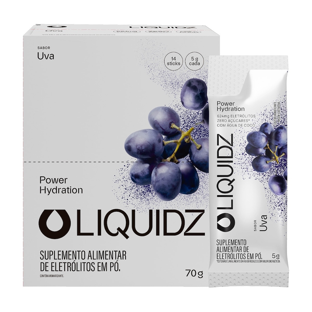 Eletrólitos LIQUIDZ® Zero Açúcares - Sabor Uva - Kit 1 Caixa - 14 Sachês