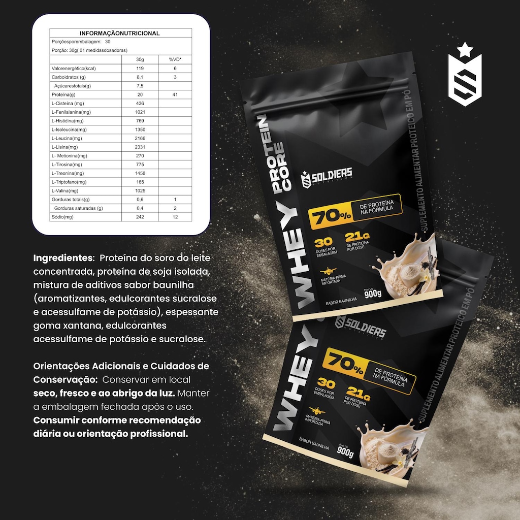 Whey Core Protein Suplemento Alimentar de Proteínas em Pó  - Soldiers Nutrition